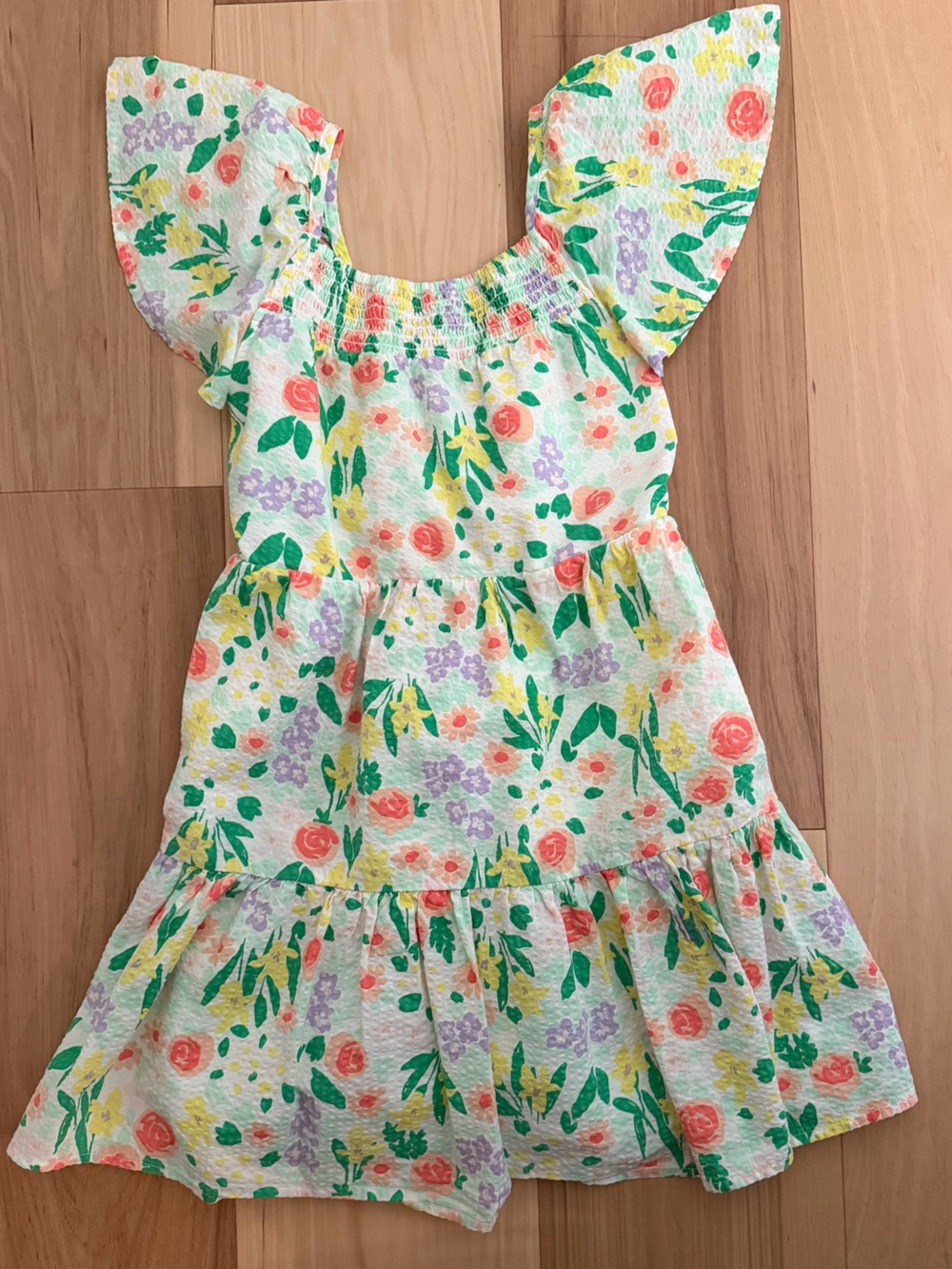 Cat & Jack Yellow Floral Tiered Dress with Green and Coral Accents